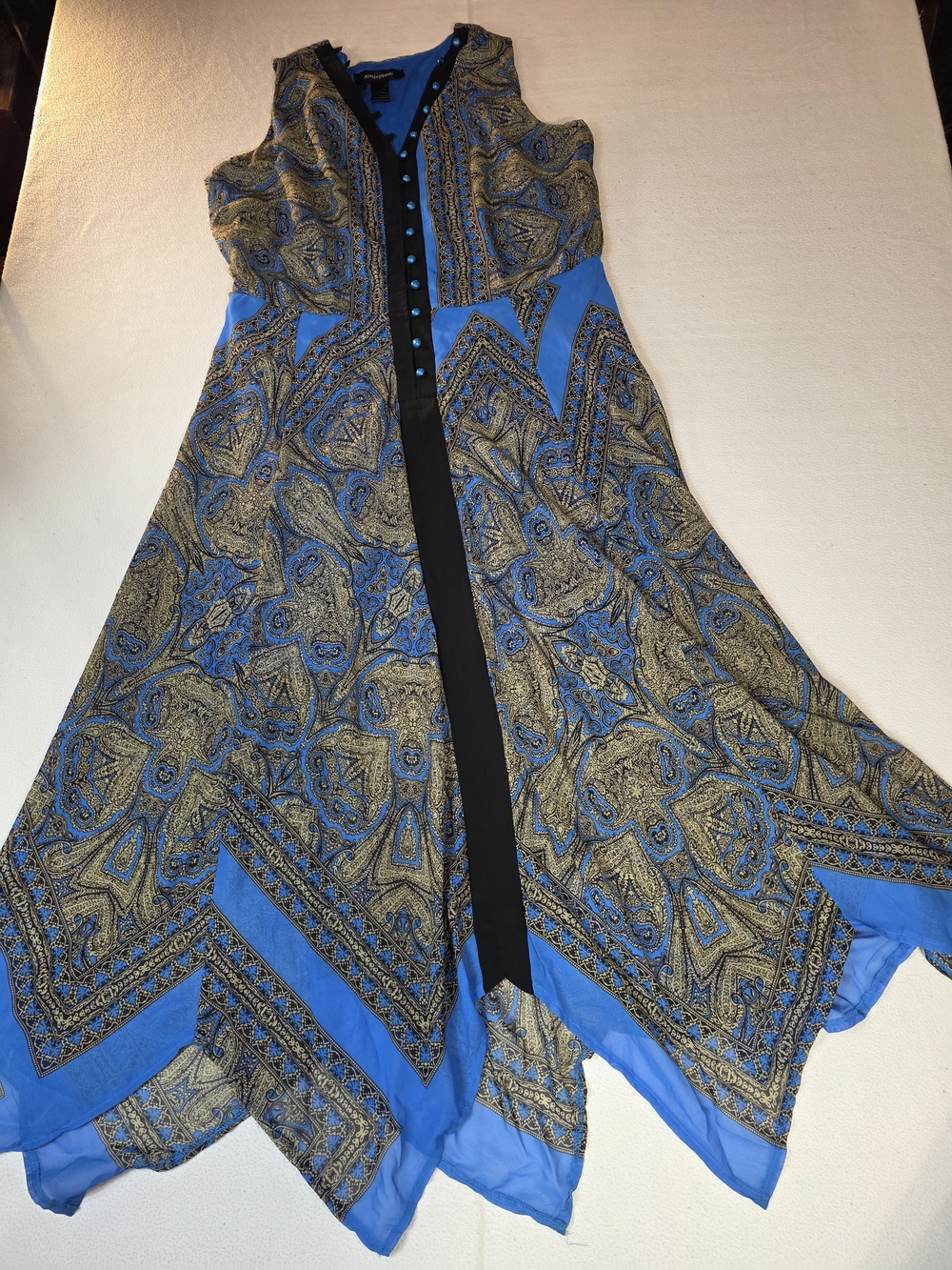 Ashley Stewart Blue and Gold Paisley Asymmetrical Handkerchief Hem Dress - Picture 2 of 13